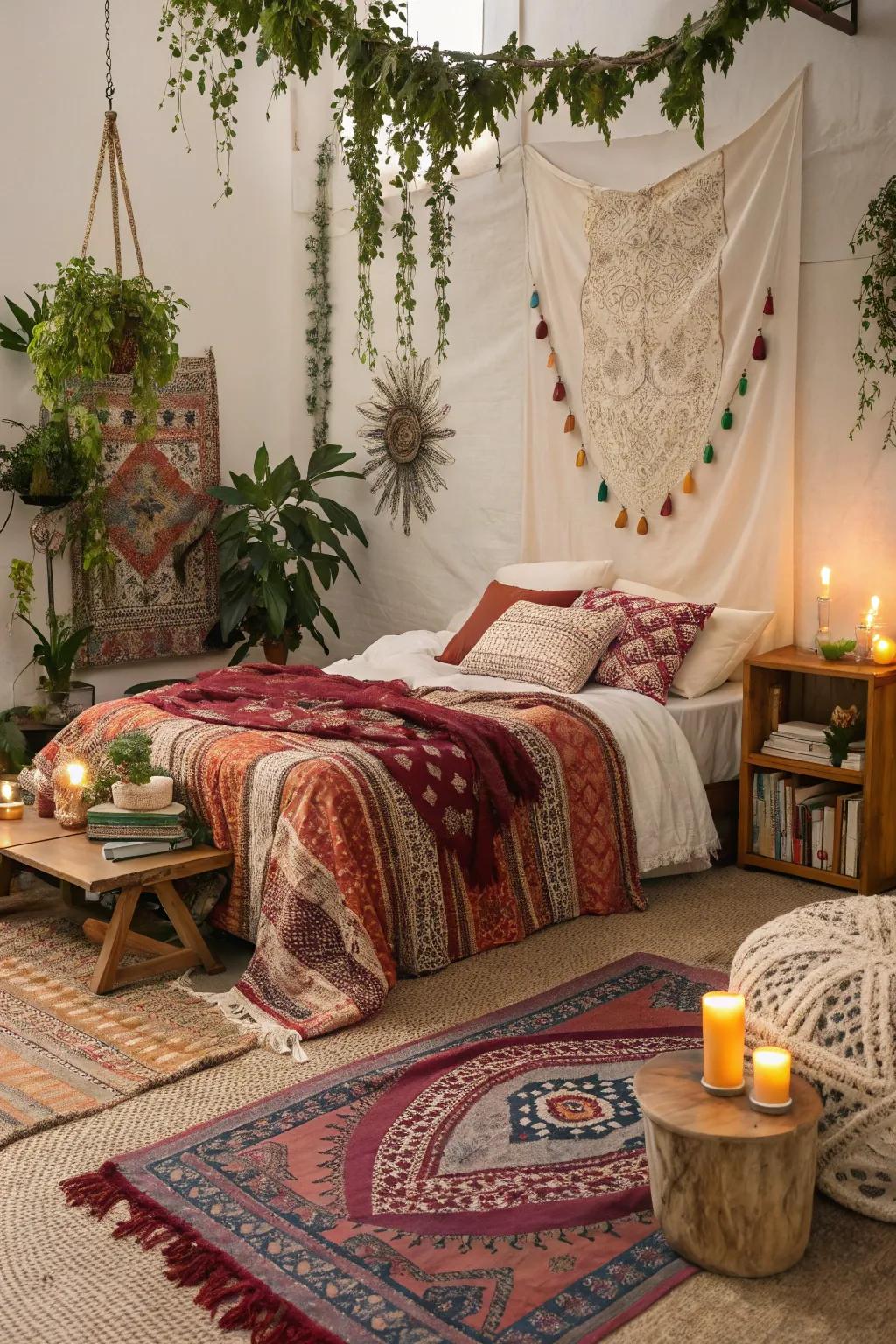A bohemian-inspired bedroom featuring eclectic and cozy elements.