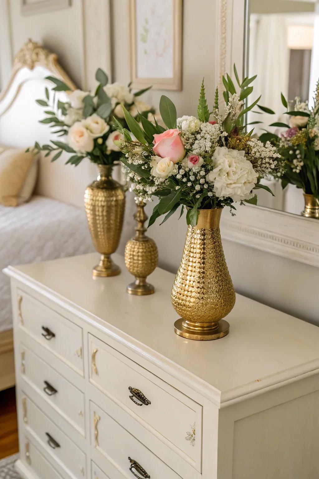 Gilt vases featuring blossoms inject nature and polish to the boudoir.