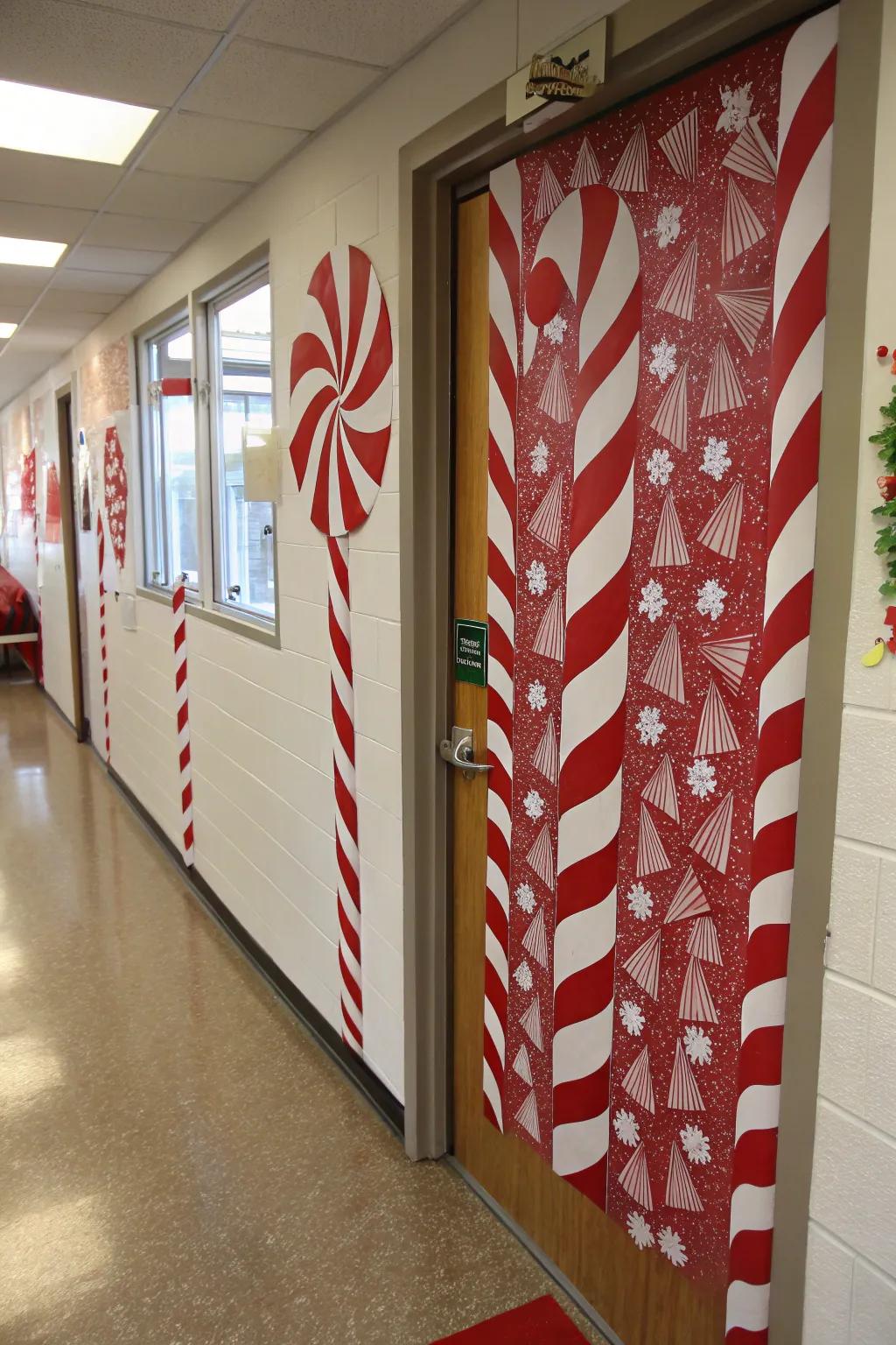An educational doorway showcasing a whimsical confection pole forest, ushering in holiday delight.