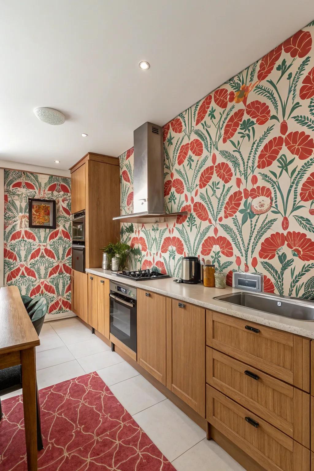 Bold wall patterns bring vibrant energy to the kitchen.