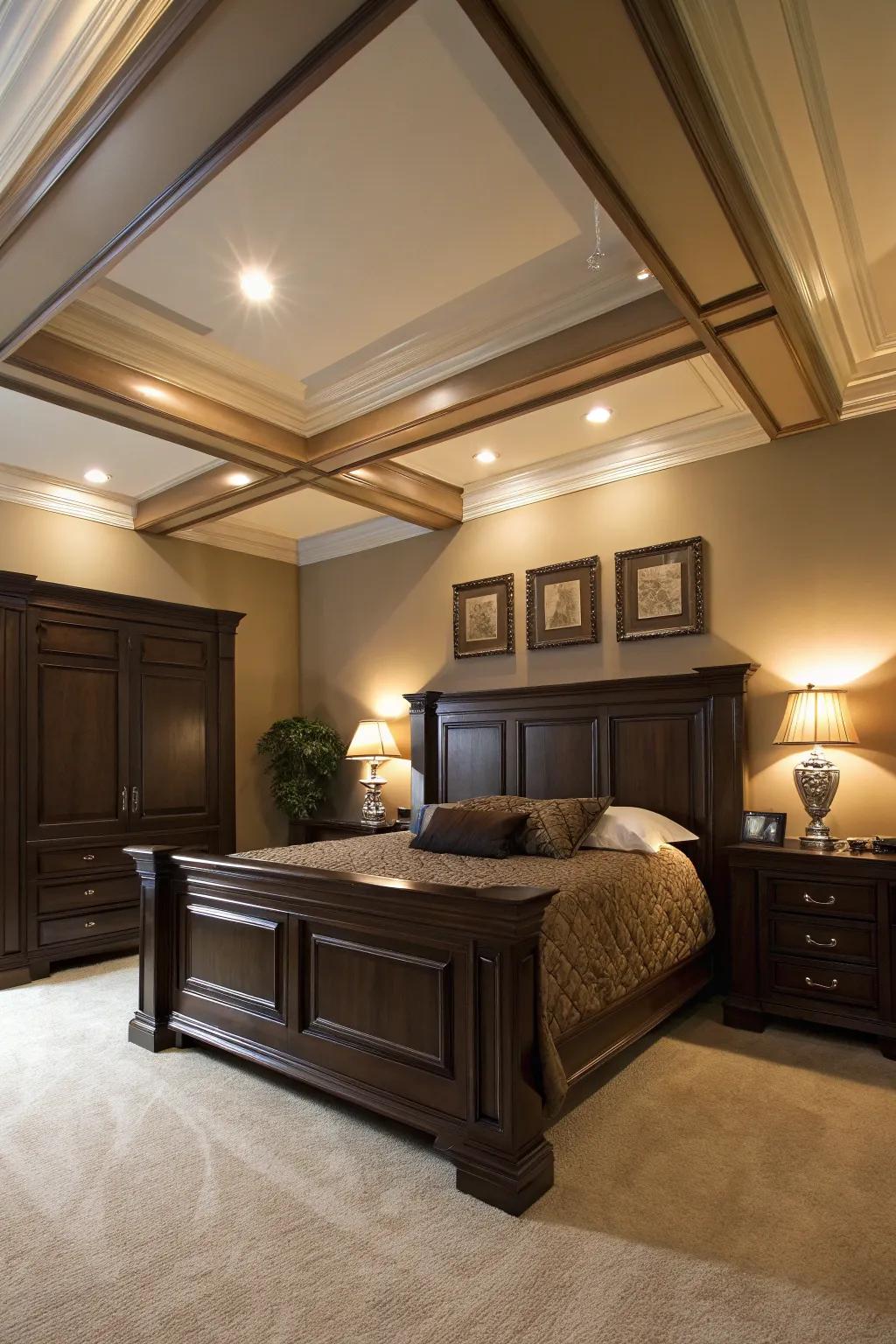 Architectural details frame and elevate deep brown interiors.