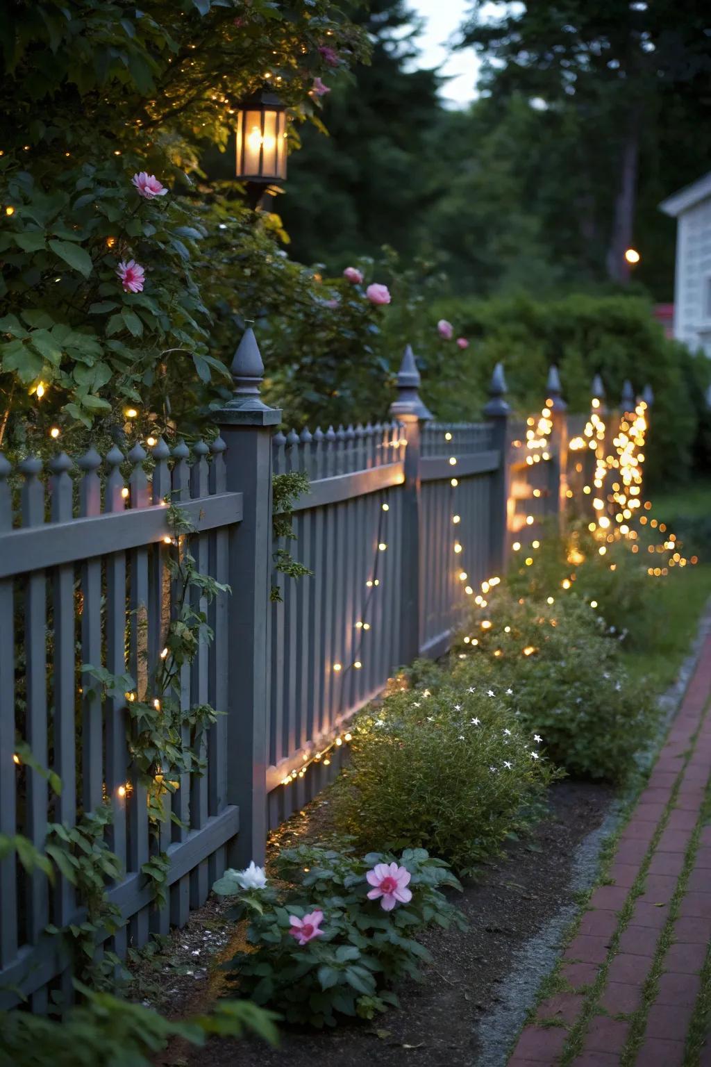 Fairy lights add a magical touch to a charcoal-toned enclosure, creating a whimsical garden ambiance.