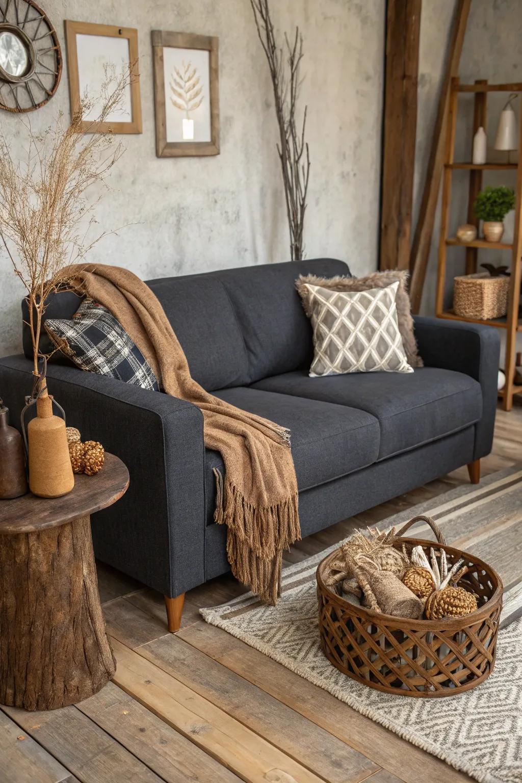 Countryside allure appends warmth and juxtaposition to a gray couch setting.