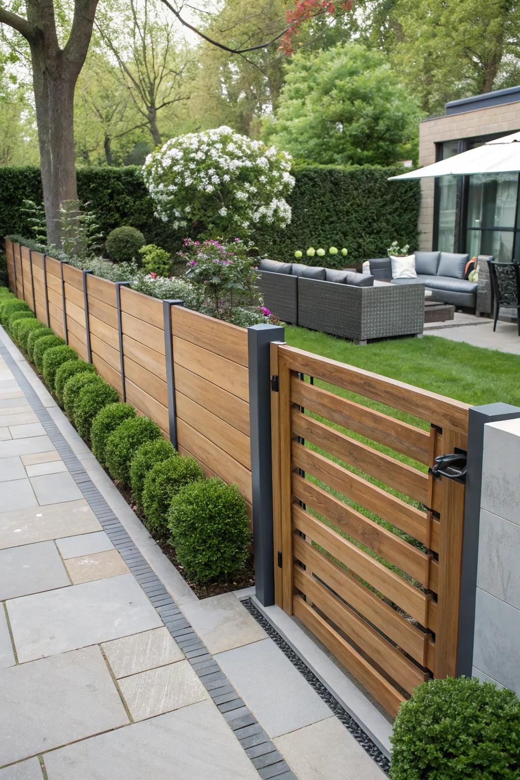 Metallic accents beget contrast and strength to timber barriers.