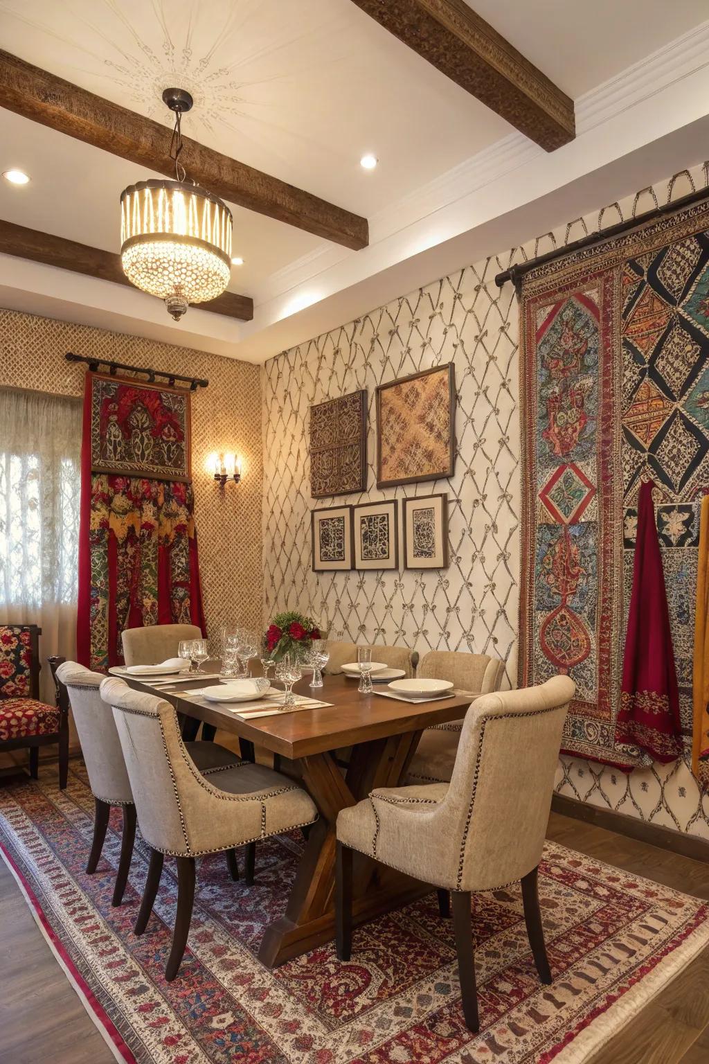 Culturally-inspired wallpaper bestows a unique and personal essence upon this dining space.