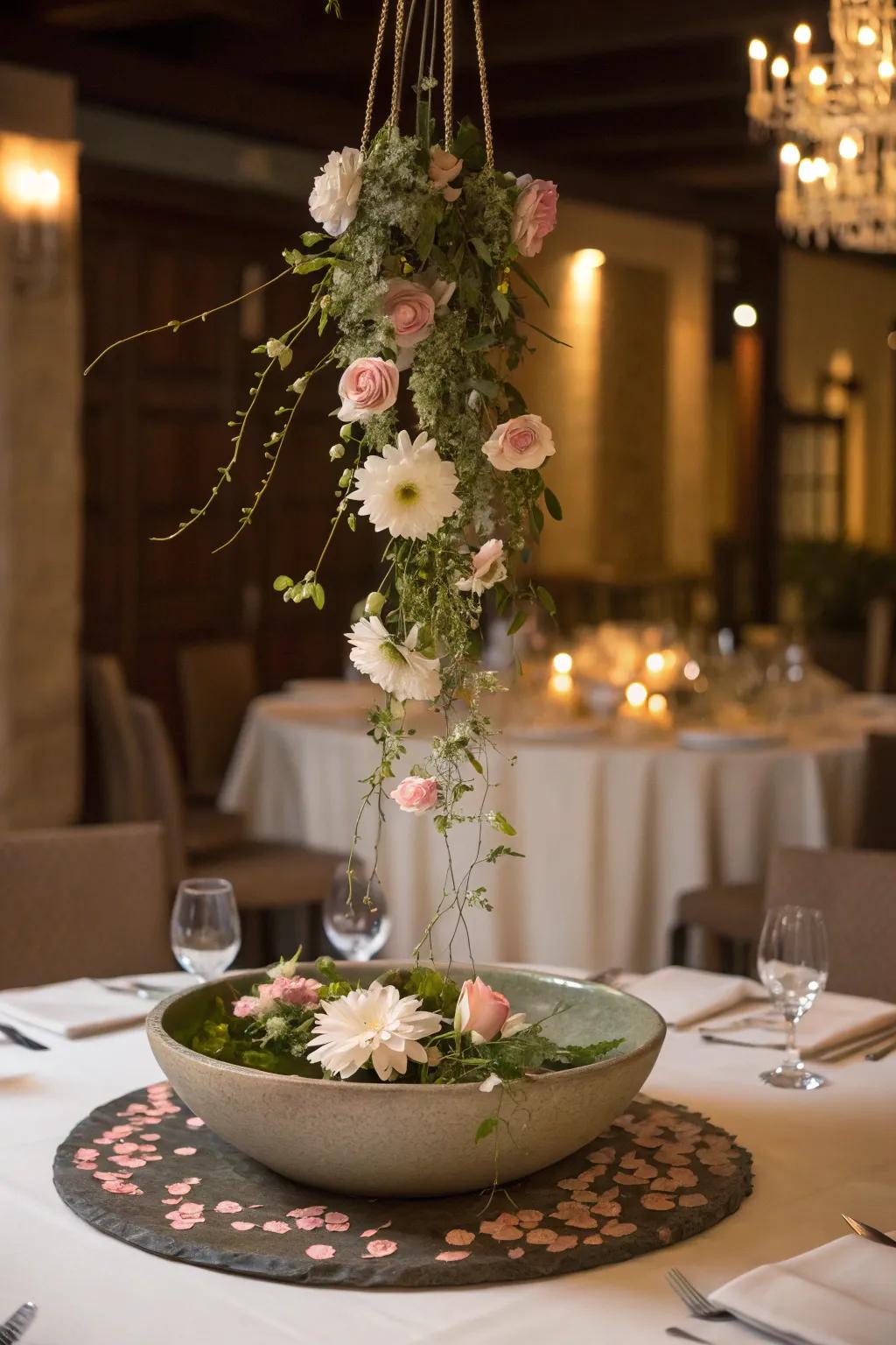 A centerpiece featuring suspended florals introduces whimsy and sophistication to the table.