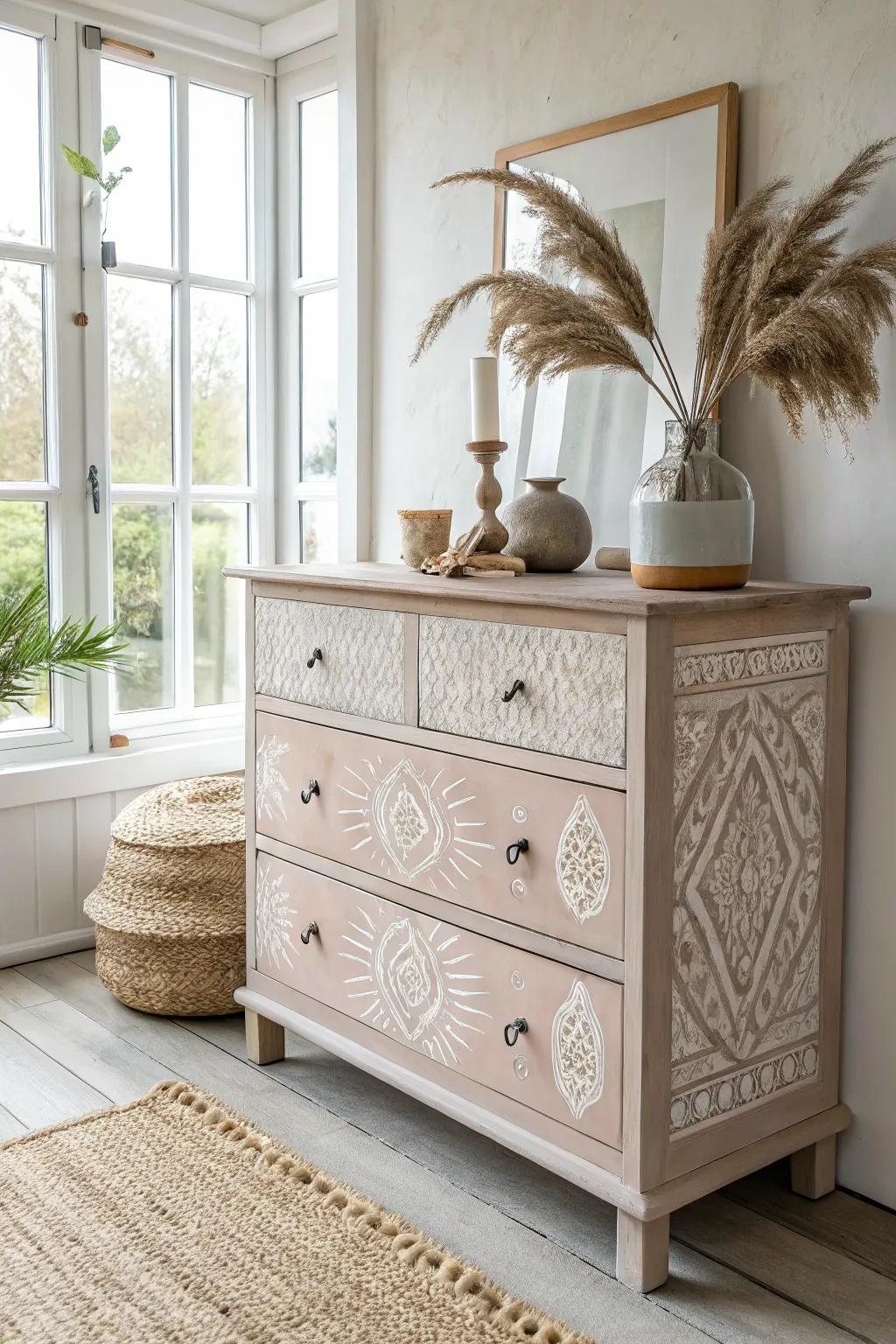 Breathe new life into your space with this eco-conscious revamped dresser, merging Scandinavian straightforwardness with boho charm.