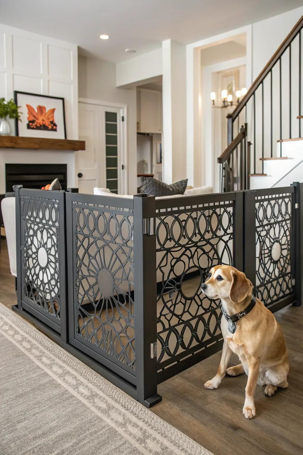 An artistic dog fence that serves as a statement piece.