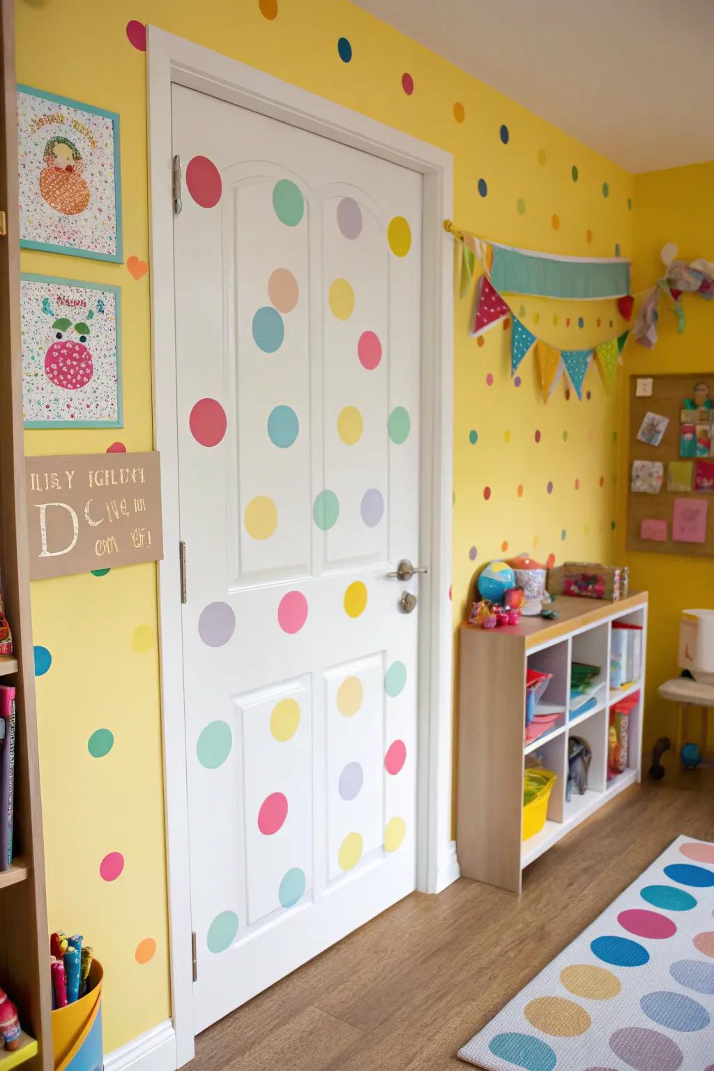 Playful charm generated by whimsical spotted panels.
