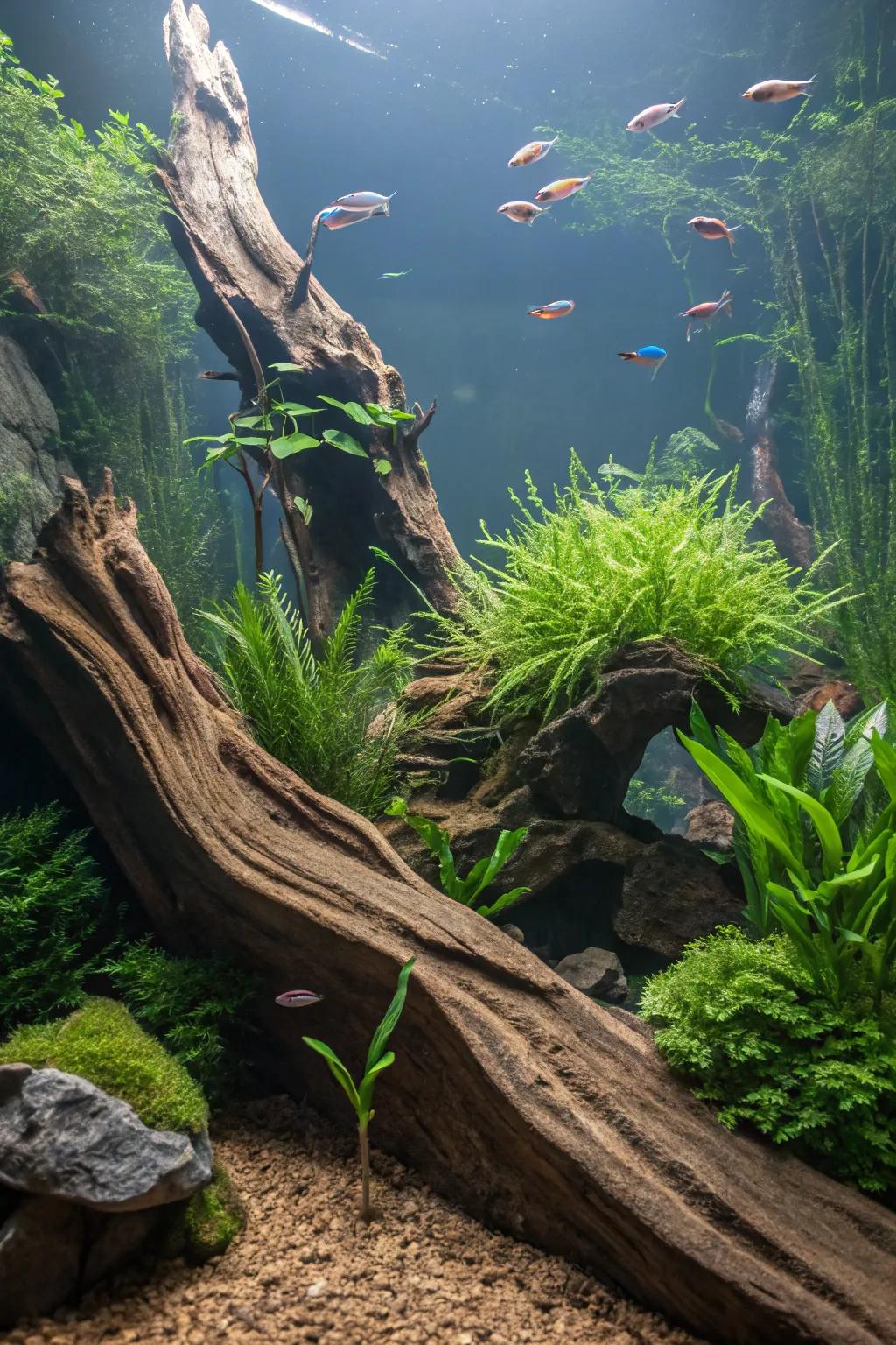 A mysterious hidden submarine realm aquarium showcasing layered bogwood and flora.