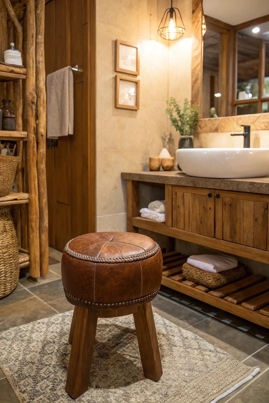 Leather accents add warmth and texture to the organic restroom.