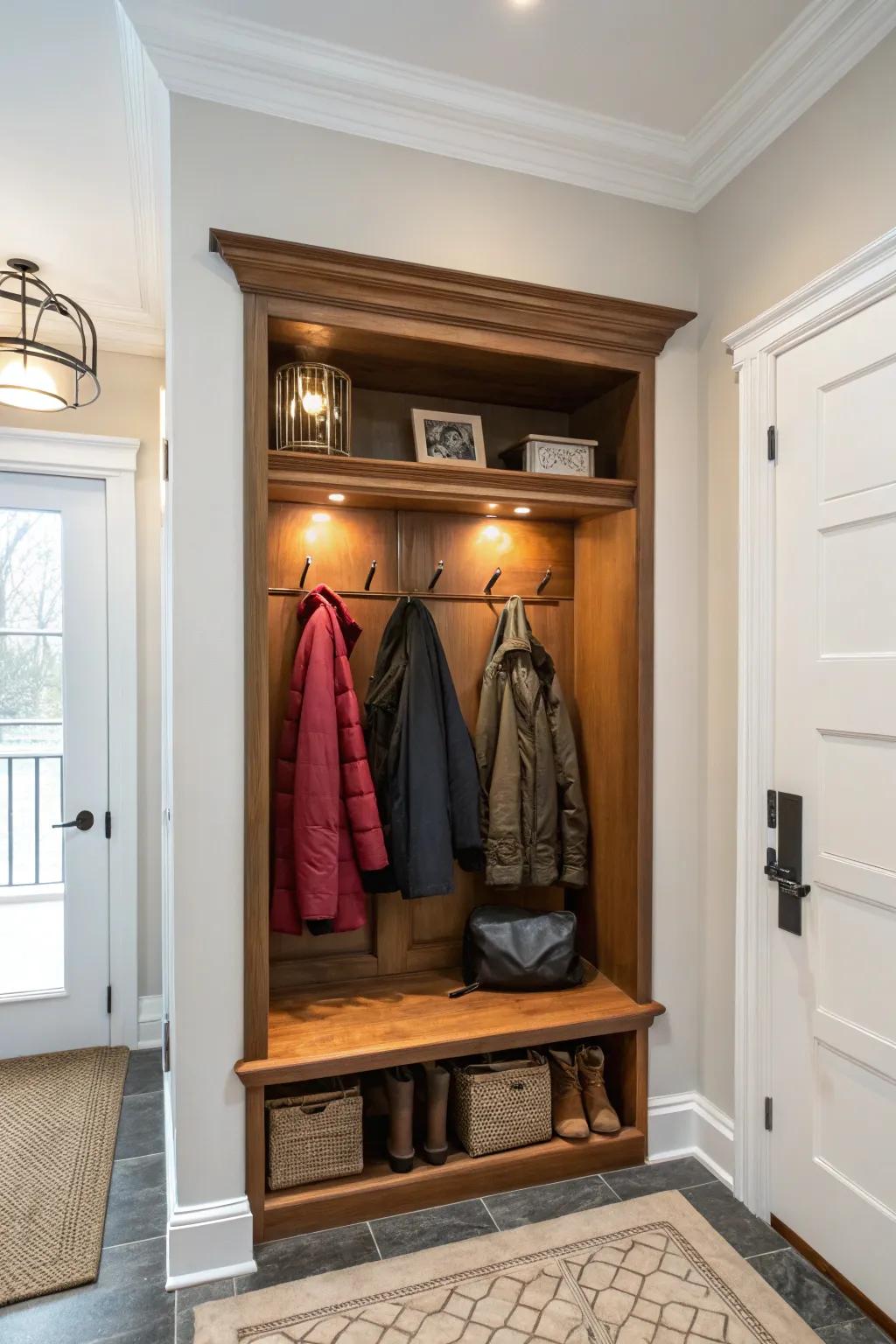 Keep outerwear out of sight with a concealed wall niche.