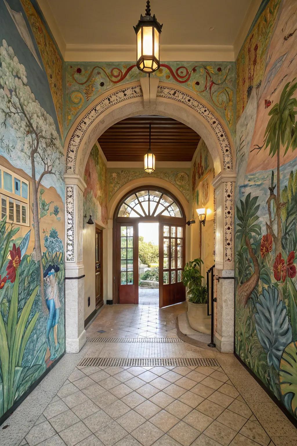 Mural walling transforms the entryway into an artistic masterpiece.