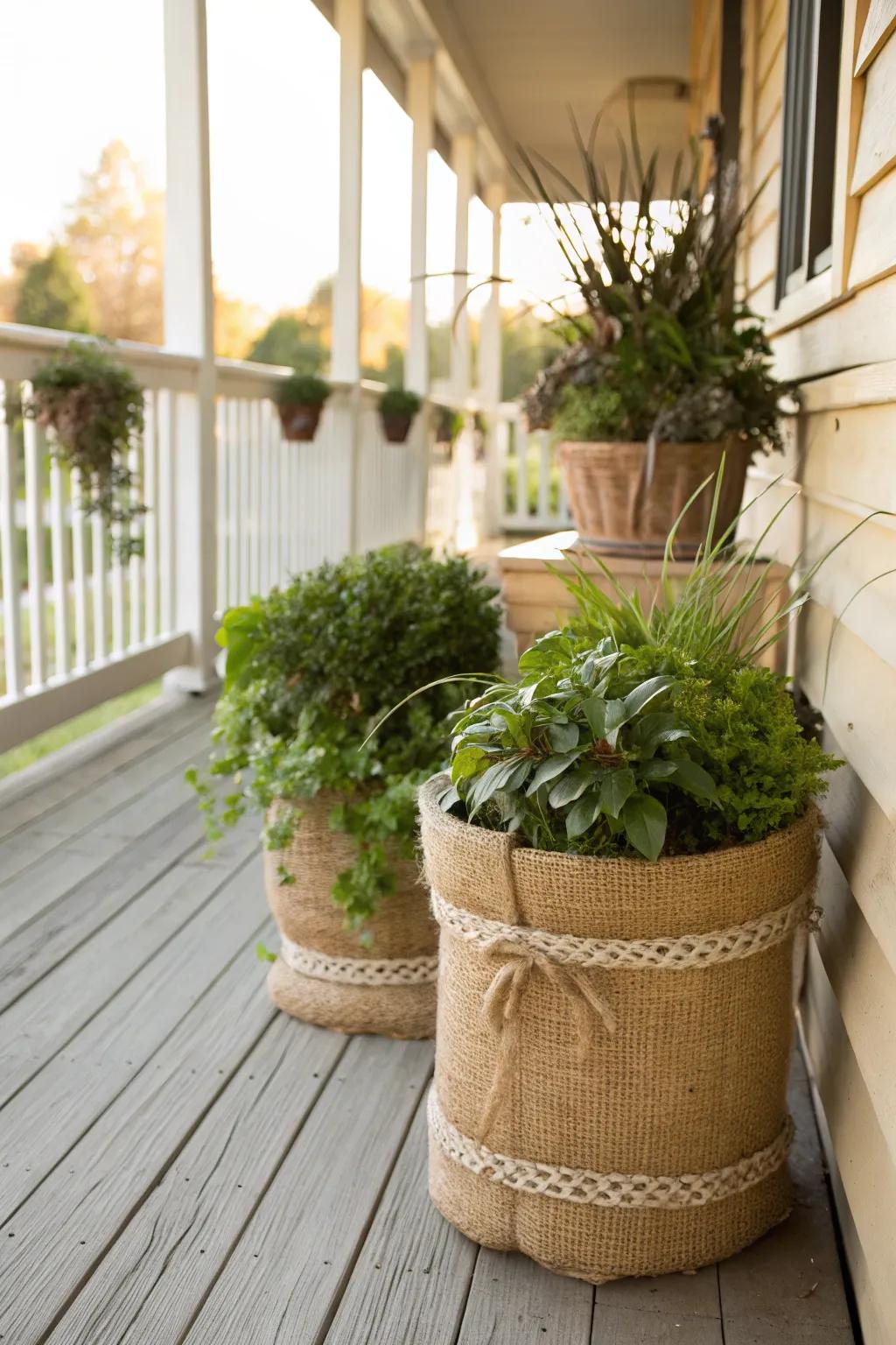 Burlap brings a rustic texture to your fall porch decor.