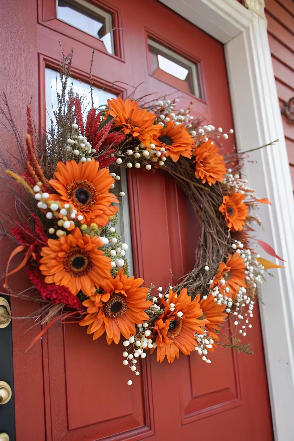 Tangerine sun blooms render an audacious and inviting fall wreath.