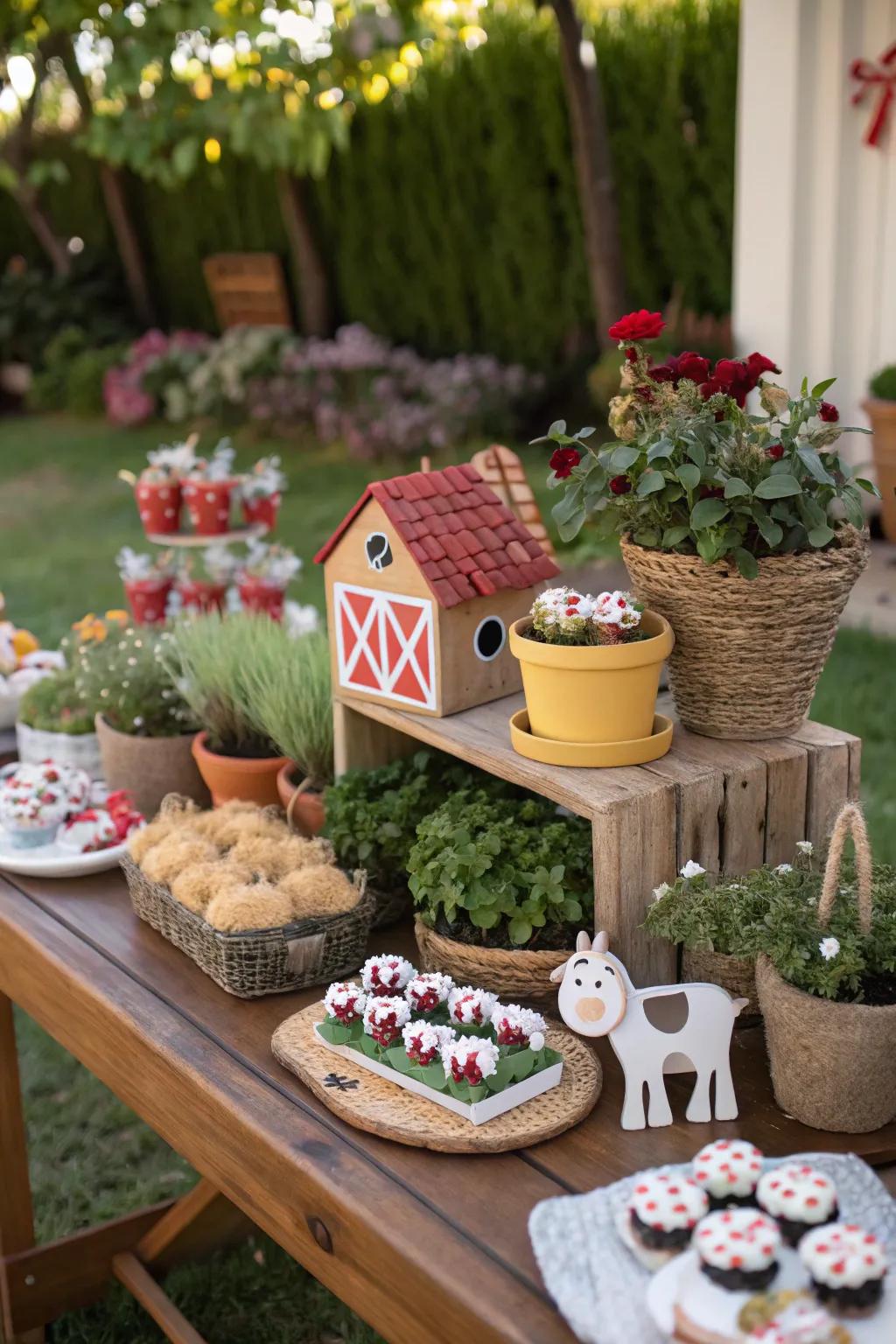 Farm-themed party favors provide a memorable takeaway for visitors.