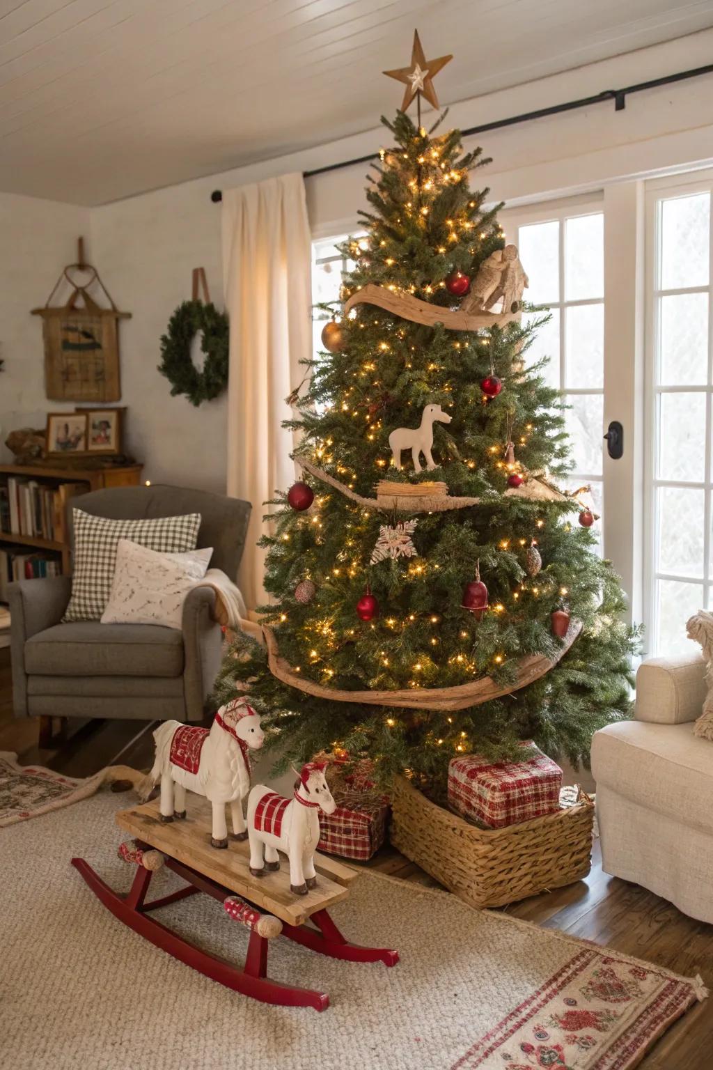 Whimsical elements introduce joy and creativity to this charming tree.