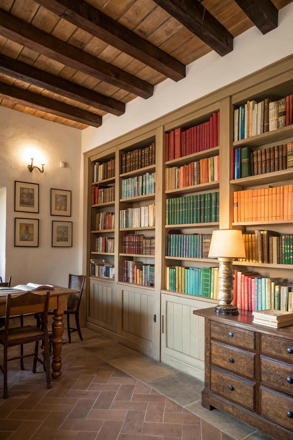 Organizing books by spine colors creates an enjoyable and artistic display.