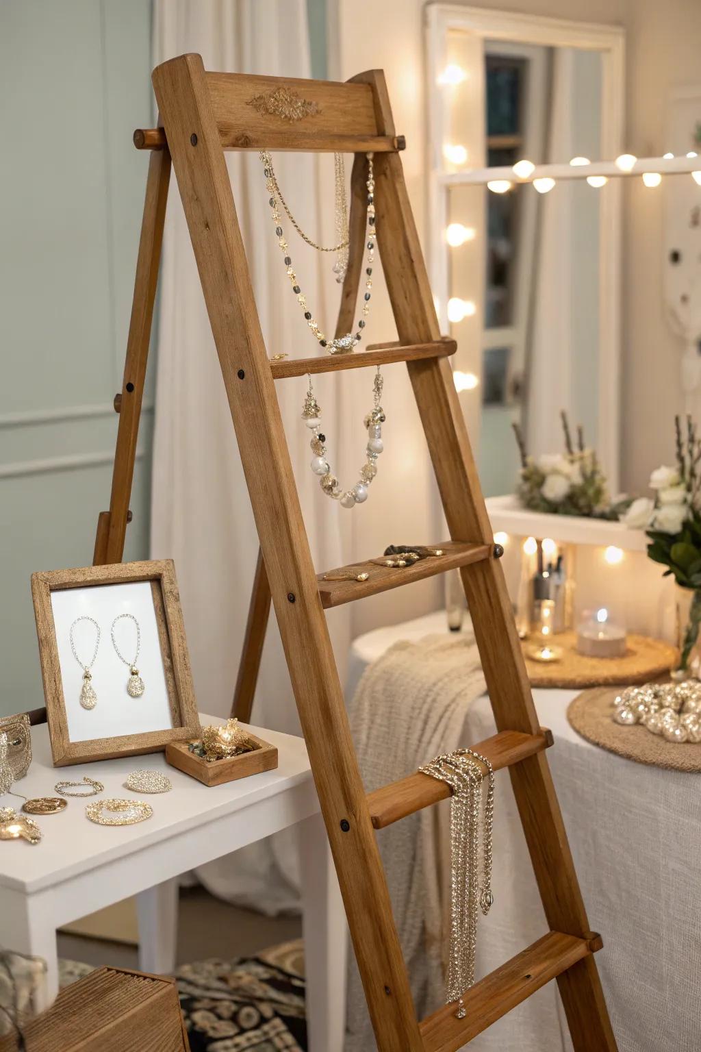 Elegant jewelry display using a rustic ladder