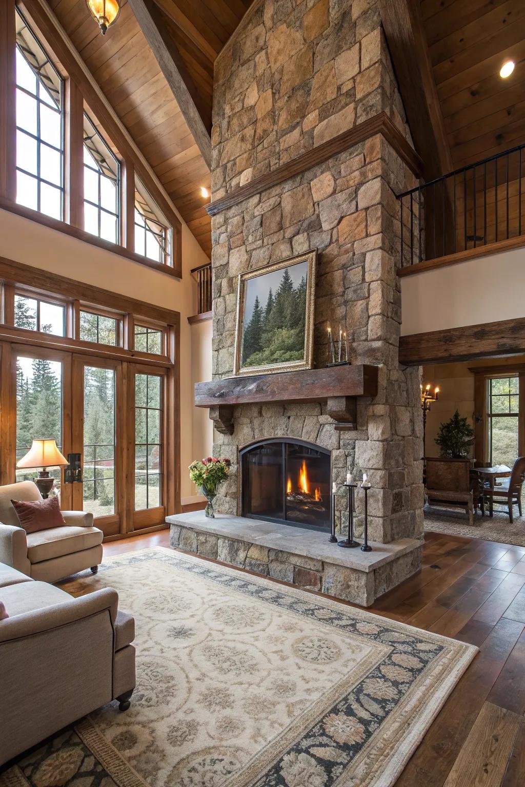 A stone and wood combo creates a balanced, rustic elegance.
