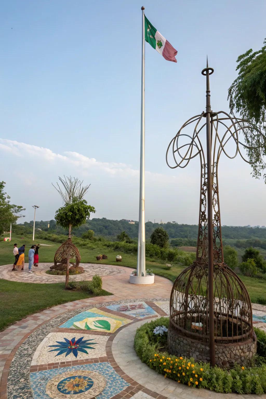 Artistic installations bring creativity and fascination to flagpole landscapes.