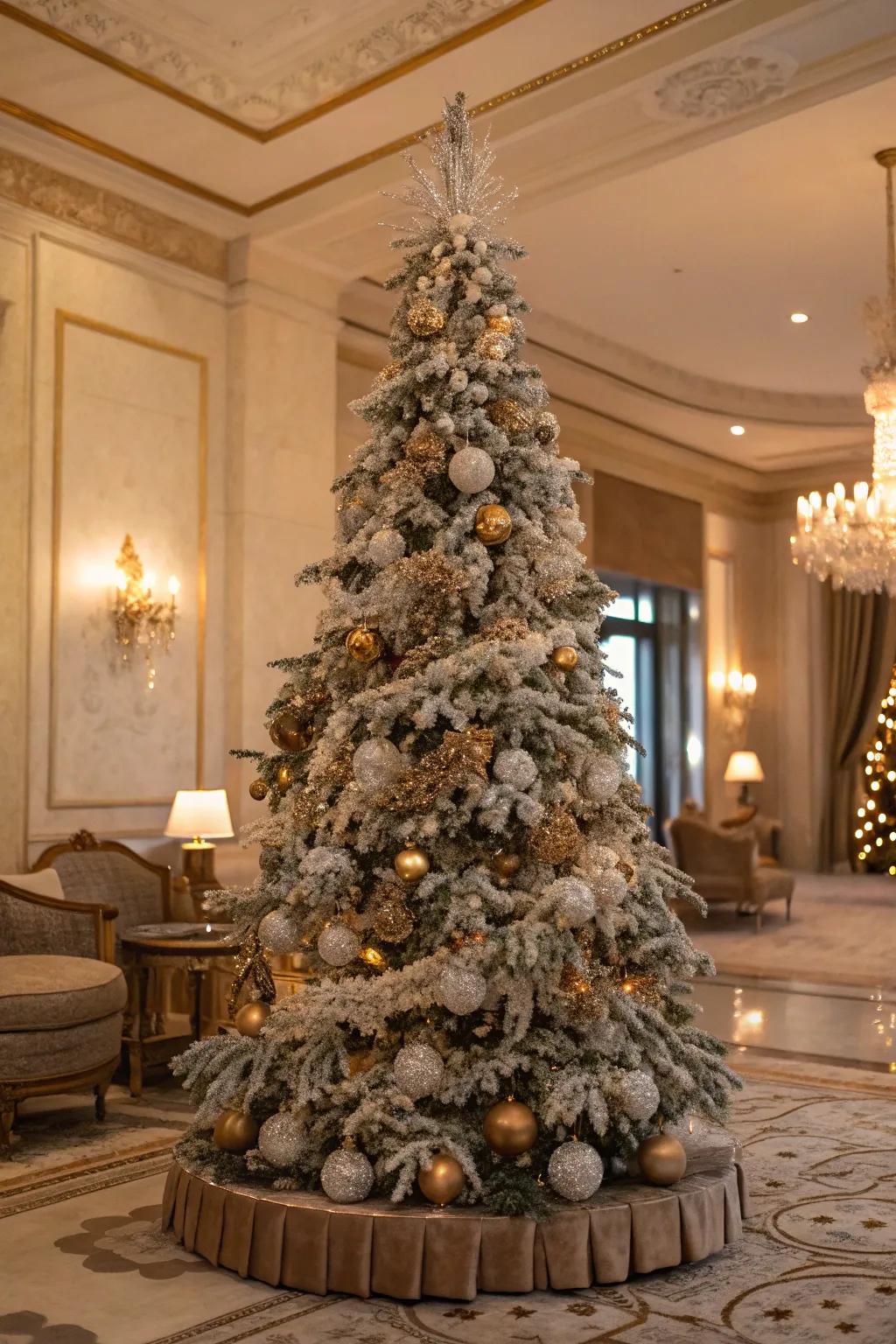 A flocked Christmas tree with a sumptuous textures theme.