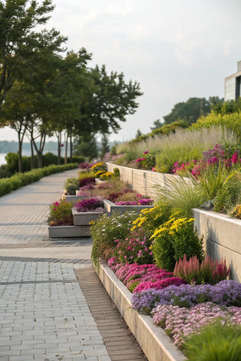 Tiered planting beds add depth and vibrant color.