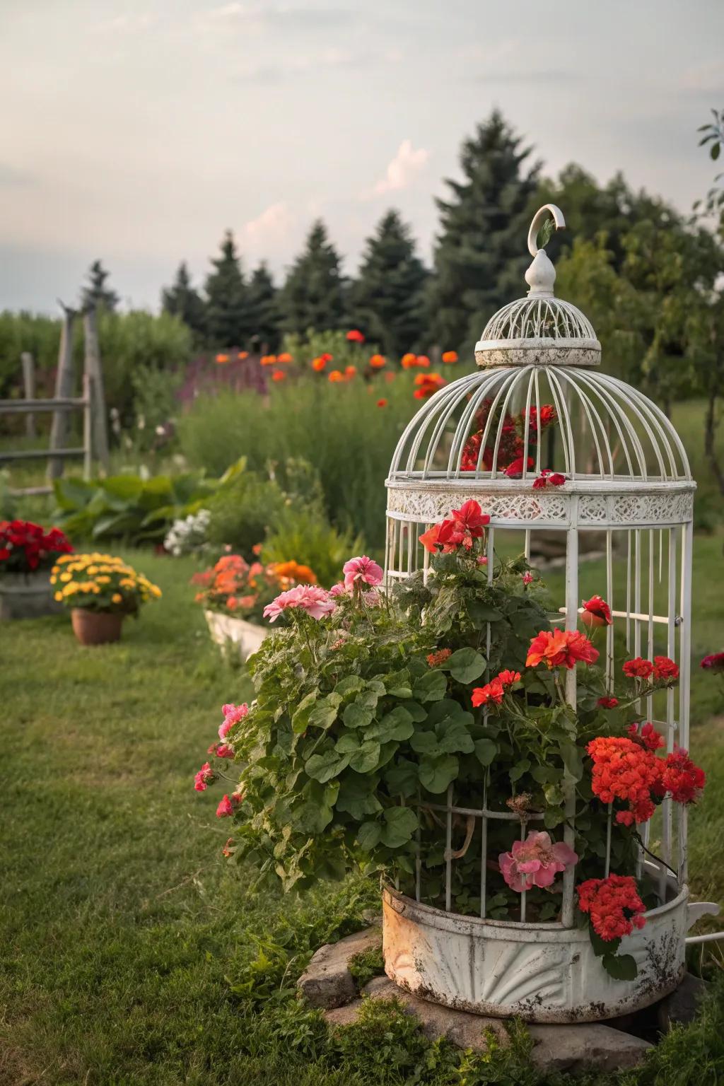 A whimsical aviary reborn as a unique planter for vibrant geraniums.