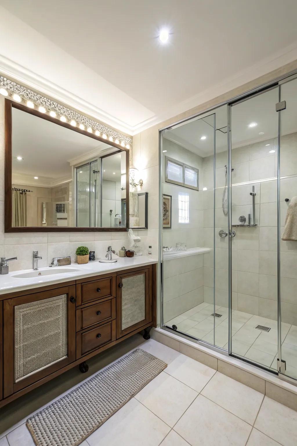 Full-wall mirrors create a spacious illusion.