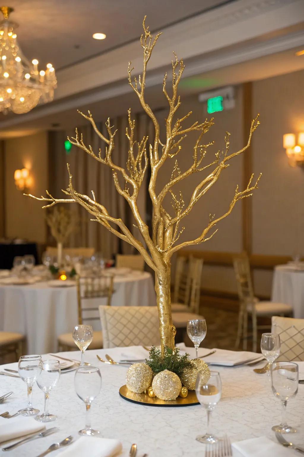 Striking gilded branch centerpiece with a dash of nature.