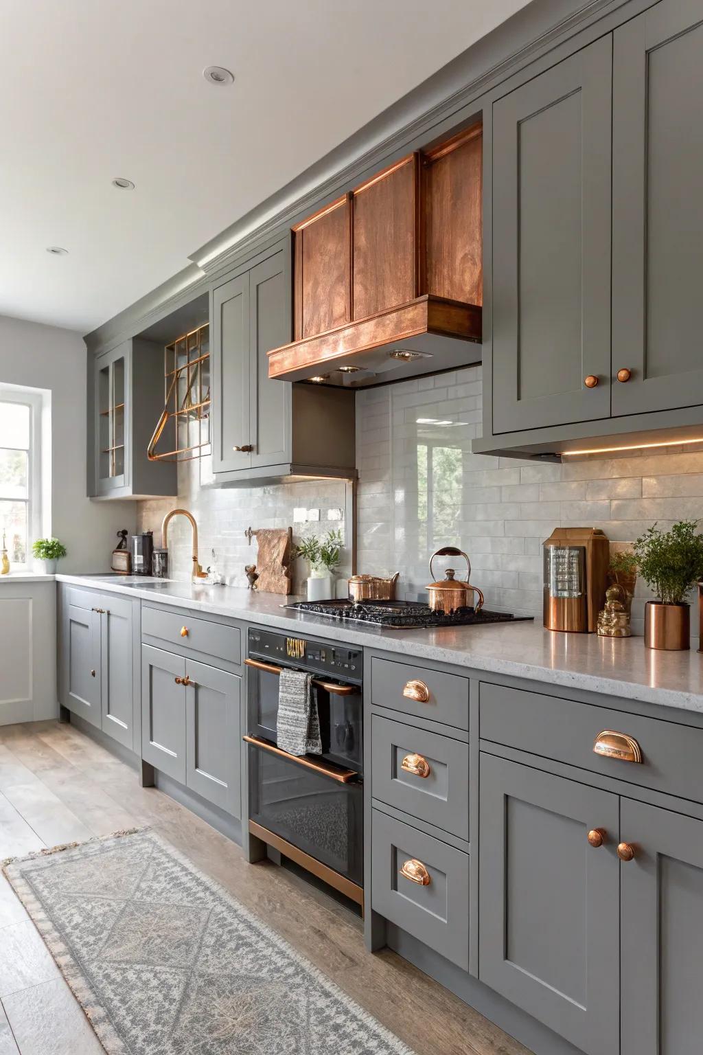 Copper details offer a chic contrast against gray cabinets.