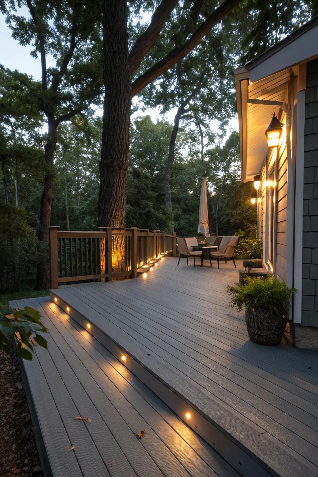 Smart lighting transforming the ambiance of a grey deck.