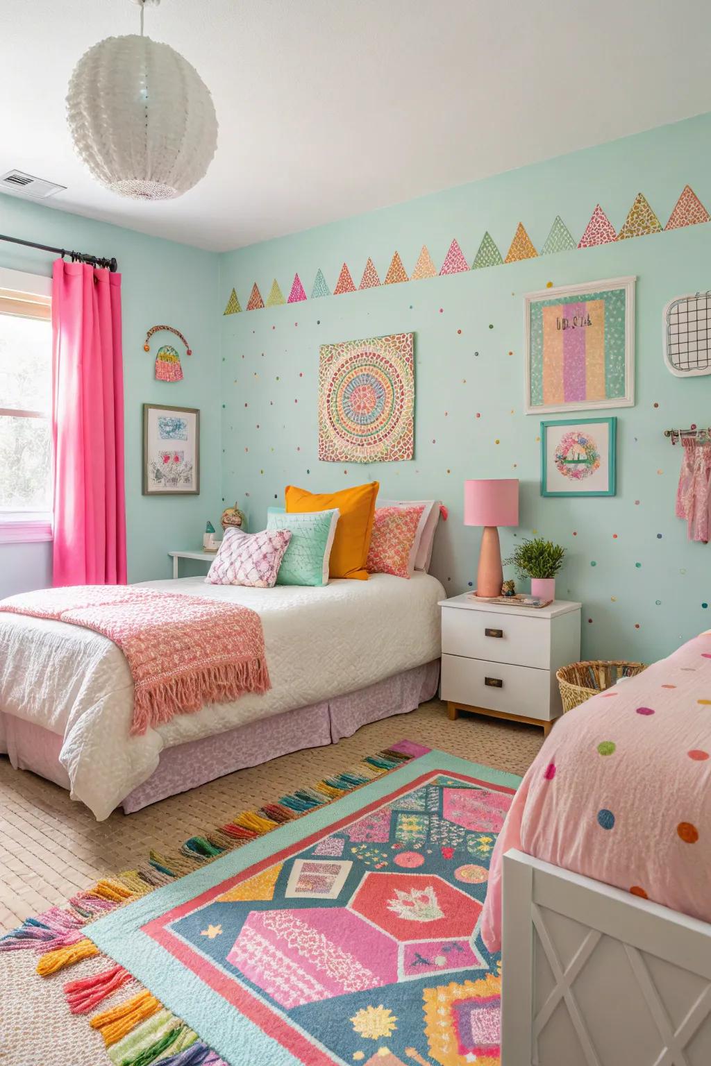 A playful guest room featuring inviting soft color combinations.