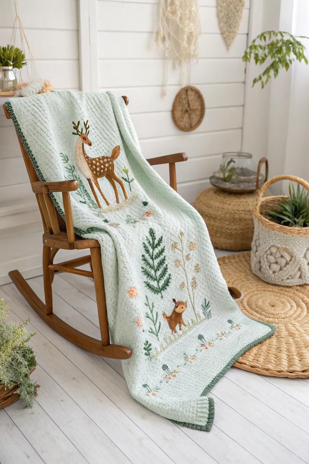 Envelop your little one in the warmth of nature with this handcrafted forest-themed baby blanket, a tender embrace of curiosity and craftsmanship.