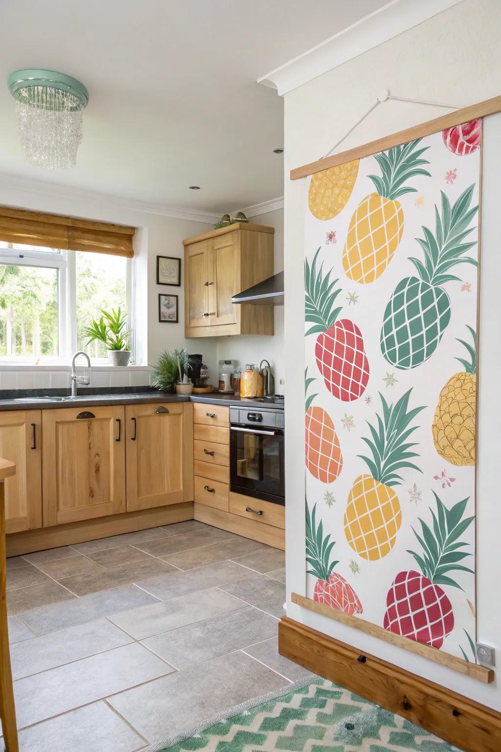 A visual with tropical fruit patterns bringing cheer to a kitchen.
