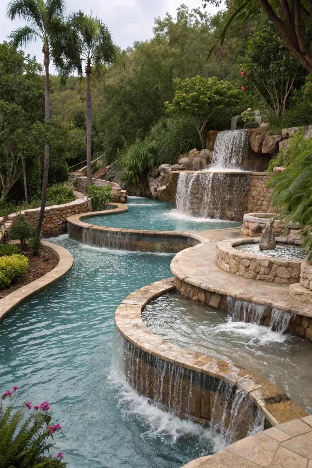 An impressive chain of tiered pools that brings a layered visual.