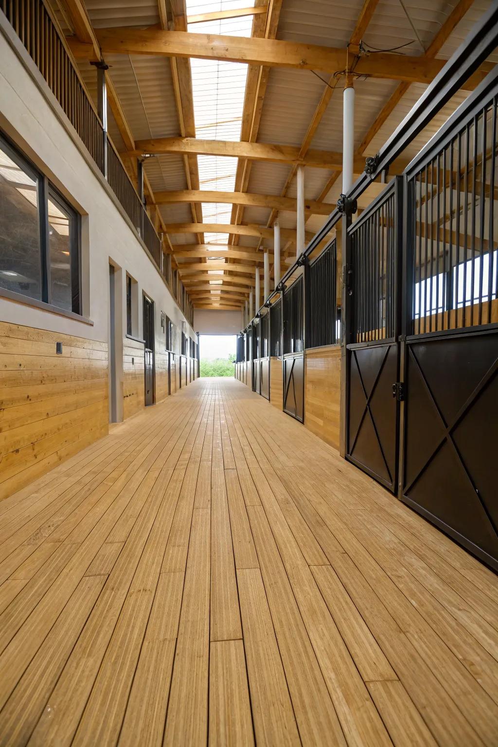 Bamboo flooring blends modern aesthetics with durability, perfect for stylish barn paths.