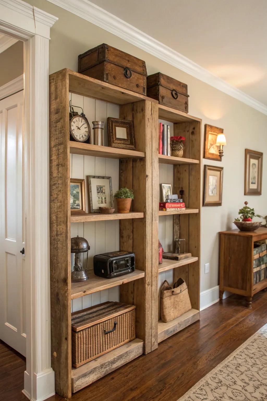 Combine vintage charm with restored wood recessed shelves.