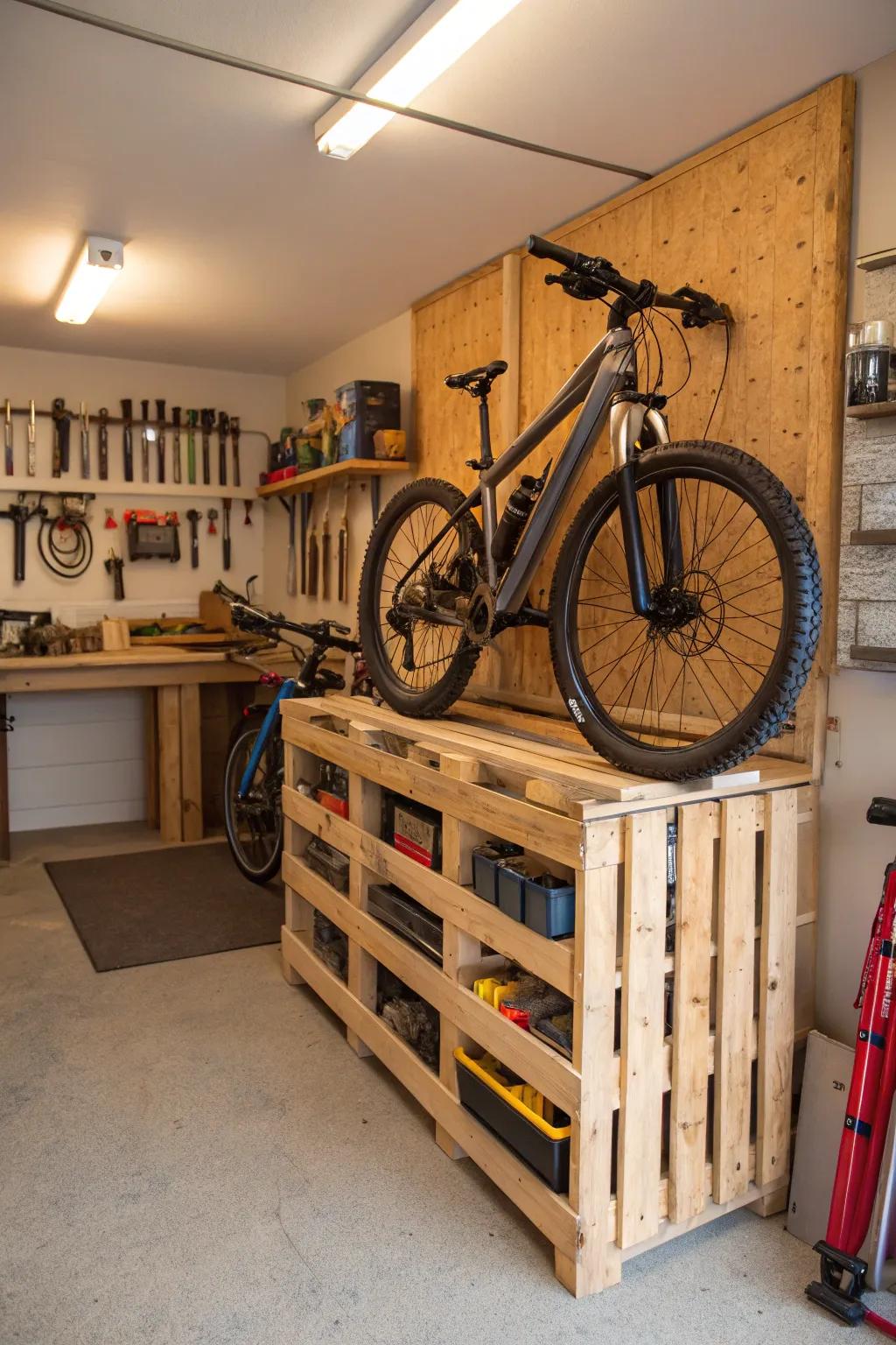 A DIY pallet bike mount provides a rustic, budget-friendly option.