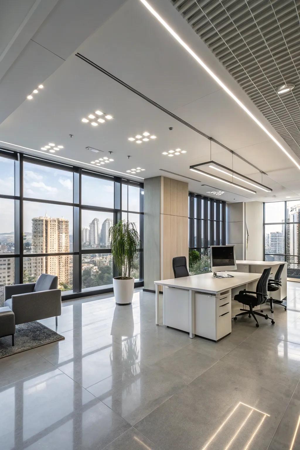 A stylish office lit with professional LED high bay lighting