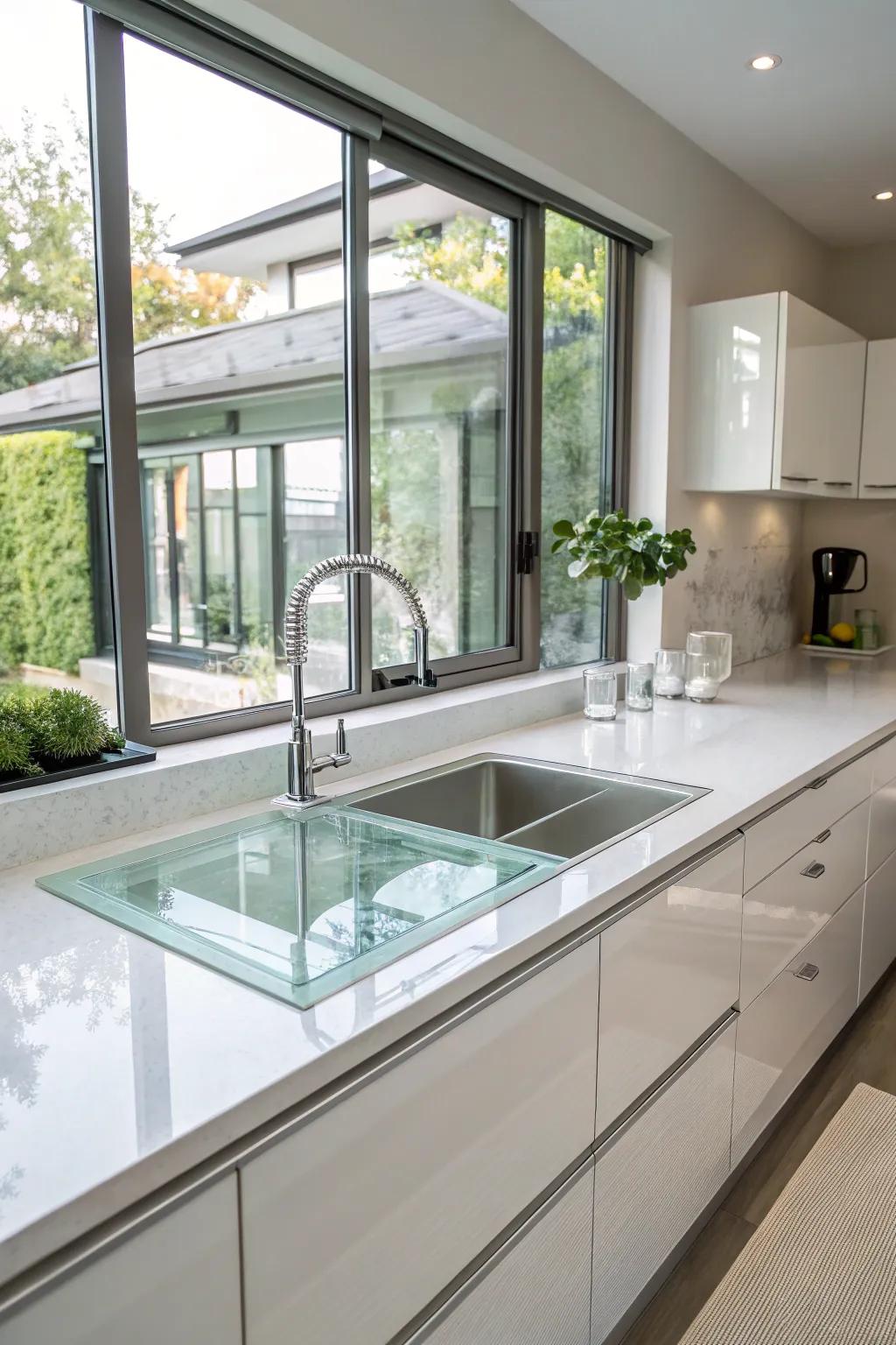 A striking kitchen featuring a modern see-through sink.