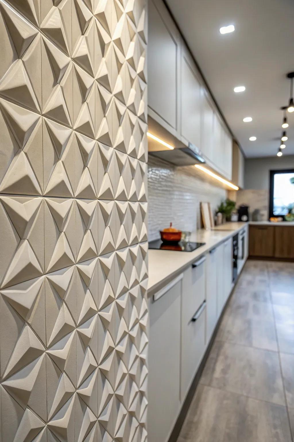 Three-dimensional tiles enrich the depth and appeal of the kitchen wall.