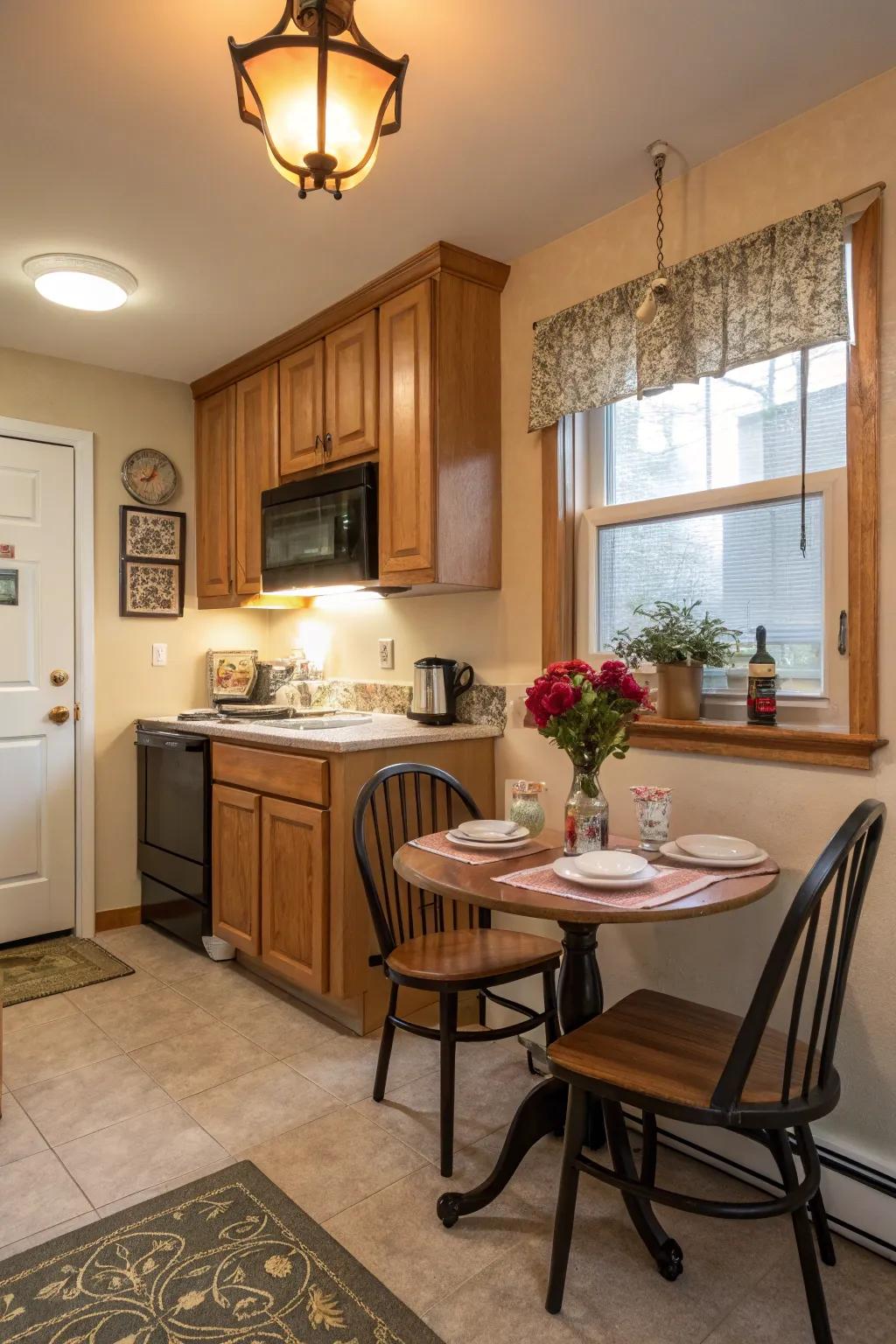 A morning bistro adds charm and functionality to a windowless kitchen.