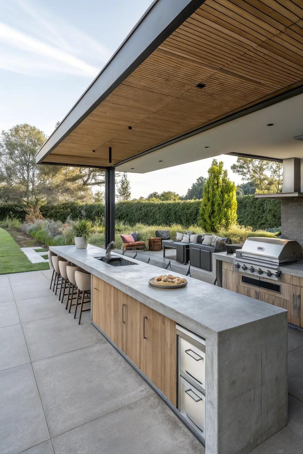 An indoor-outdoor cooking area featuring seamlessly extended cement worktops.