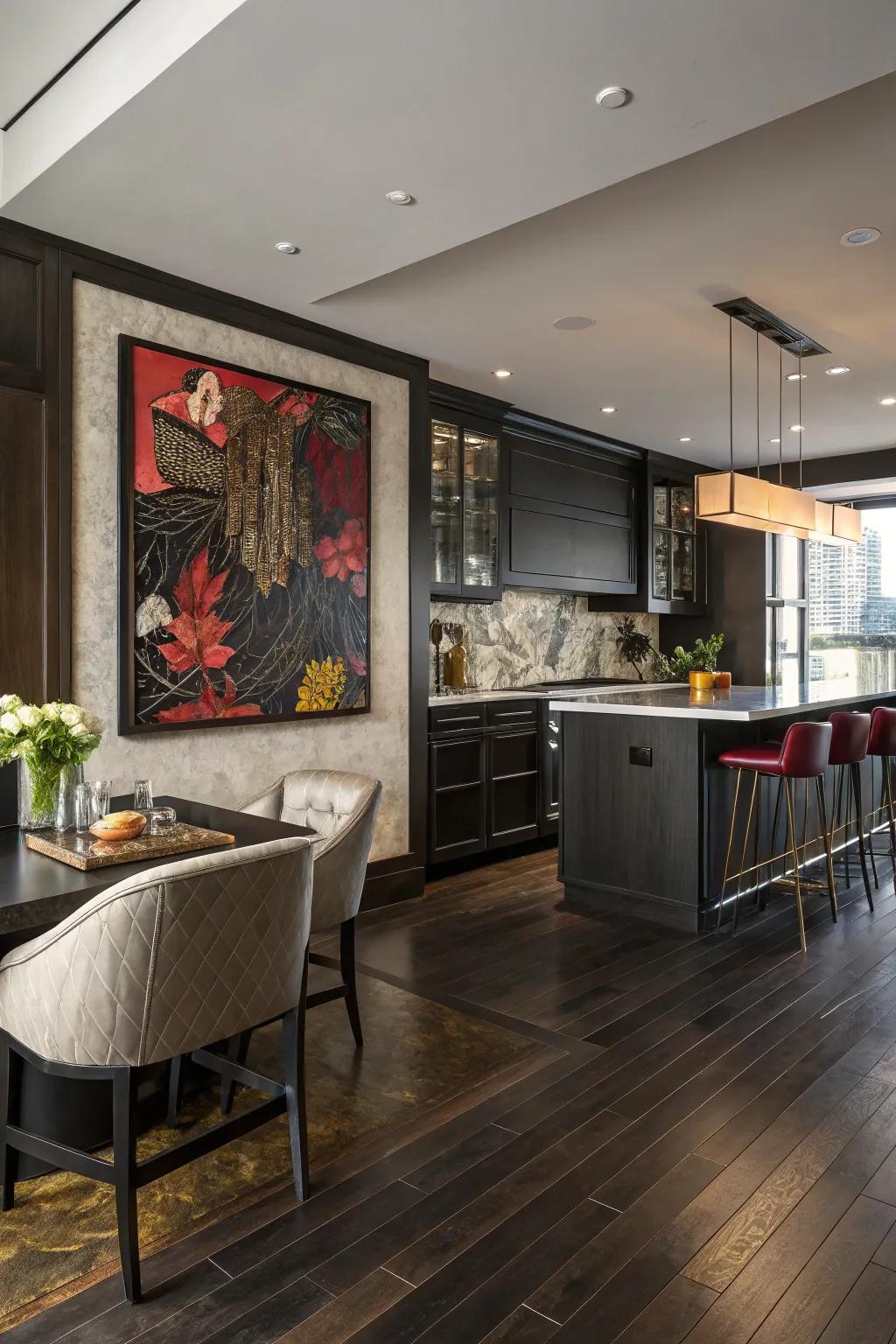 Striking art bestowing an astonishing focal draw within this kitchen graced with dark floors.
