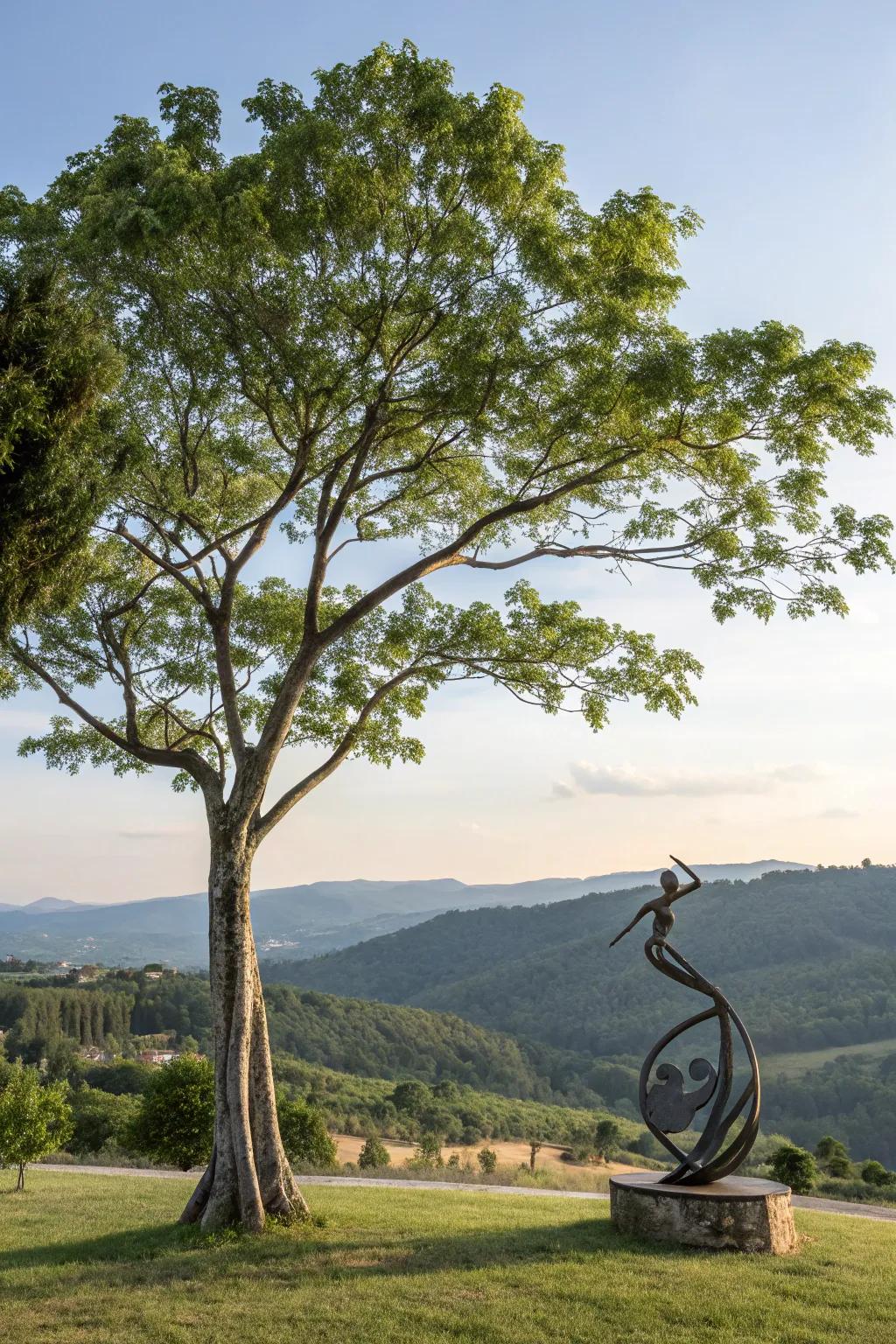 Tree landscaping benefits from the addition of creative sculptures.