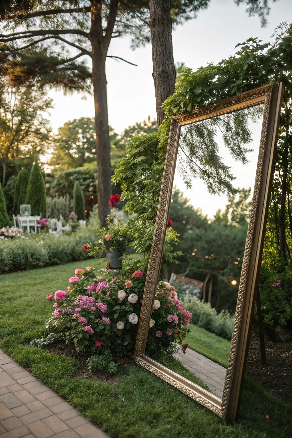 The natural beauty of the garden is enhanced by these reflective mirrors.