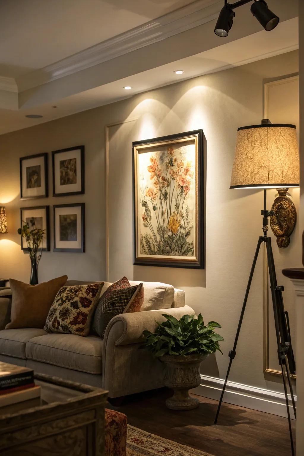 Lighting enhances drama and focus on corner decor.