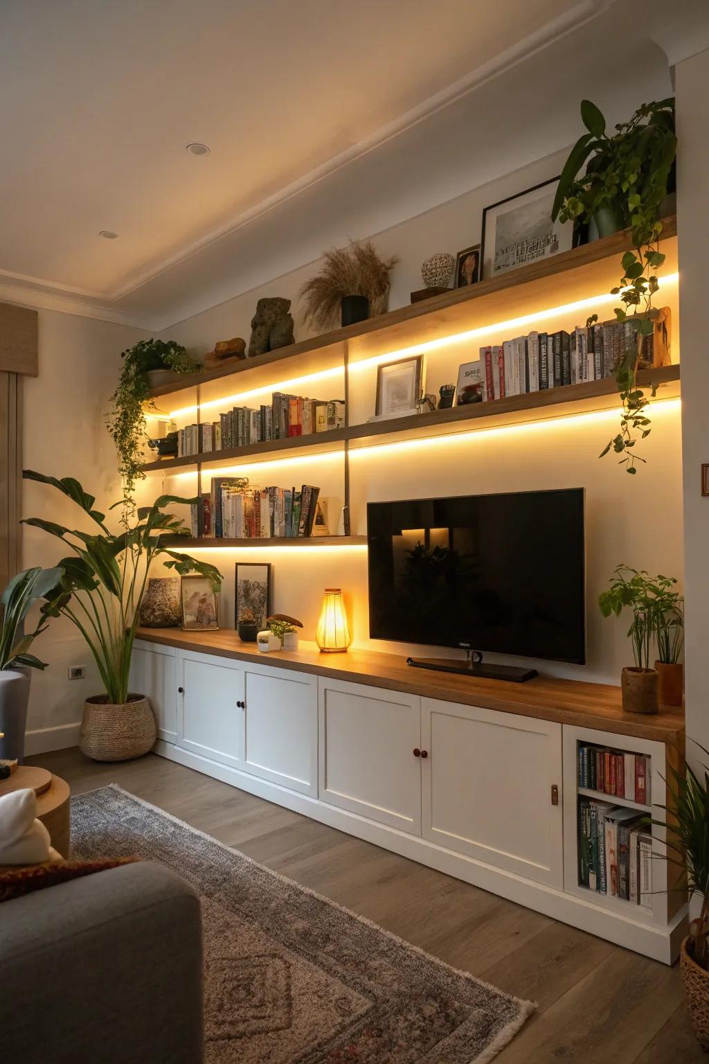 Illuminate your shelves with LED lights for added drama.