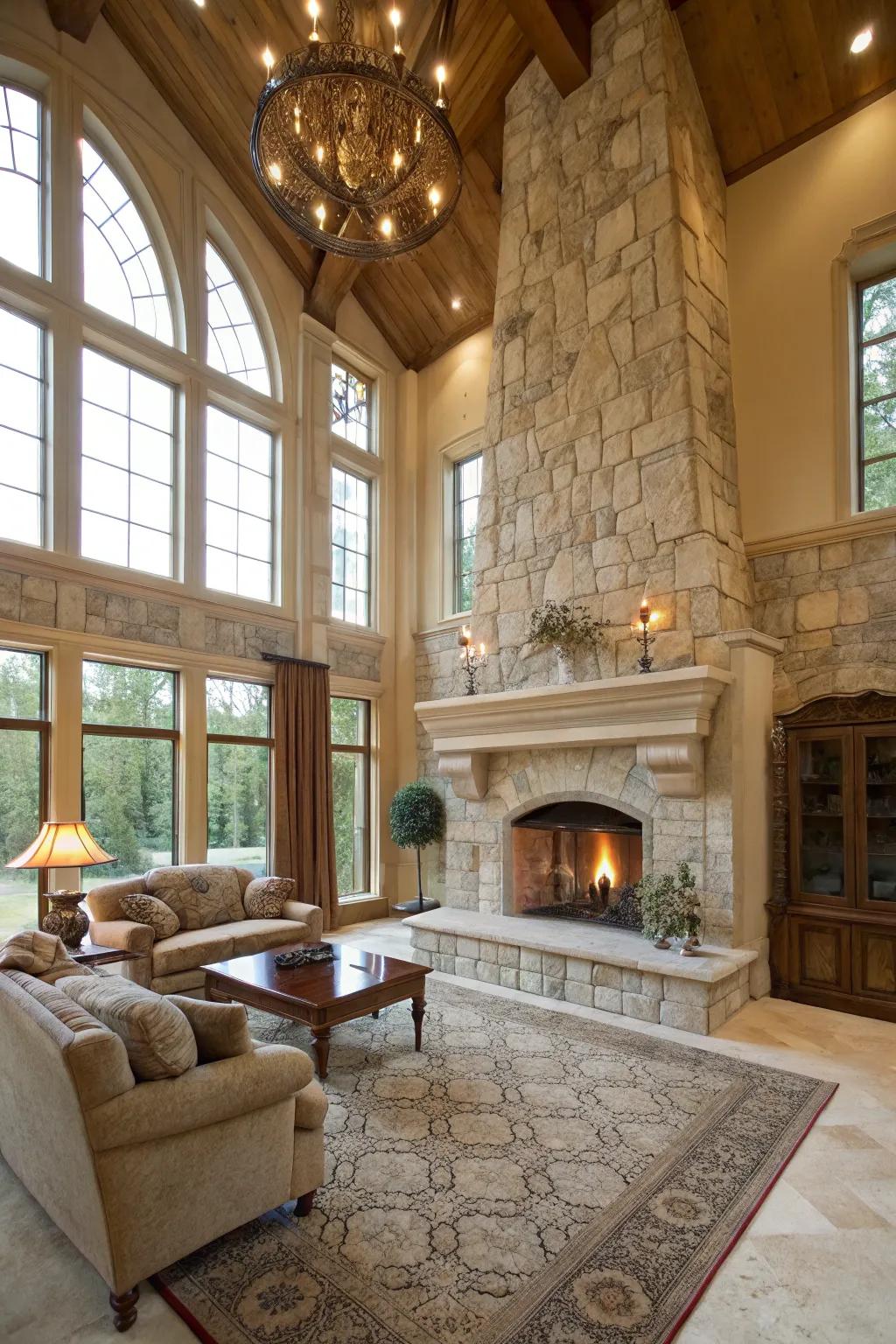 An elegant, striking statement is made by a floor-to-ceiling stone fireplace.